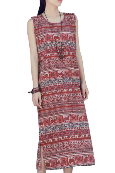 Womens Hot Popular Tribal Print Sleeveless Split Side Maxi Shift Tank Dress