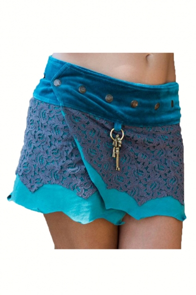 Womens Rivet Hardware Embellished Tribal Style Lace Patch Asymmetric Hem Mini Skirt