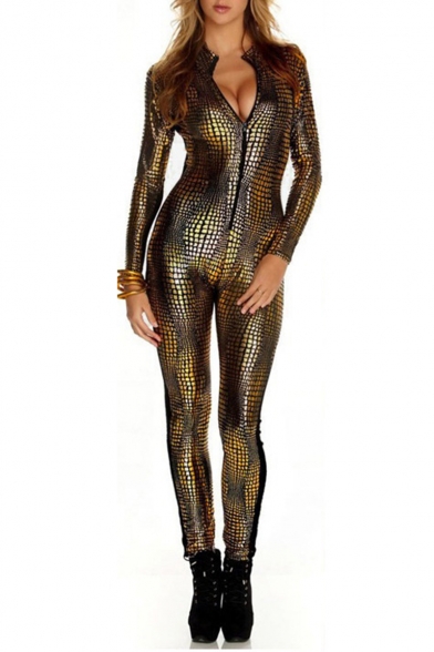Womens Snake Printed Long Sleeve Zip Front Slim Fitted Metallic Jumpsuits