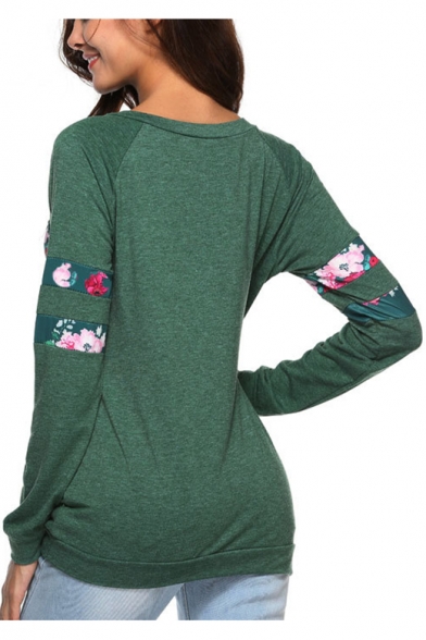 Womens New Trendy Floral Pocket Round Neck Long Sleeve Fitted T-Shirt