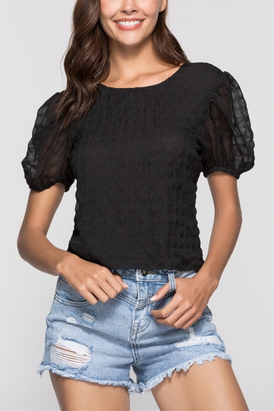 Womens Sexy Hollow Lace-Up Back Puff Short Sleeve Padded Texture Plain Fitted T-Shirt