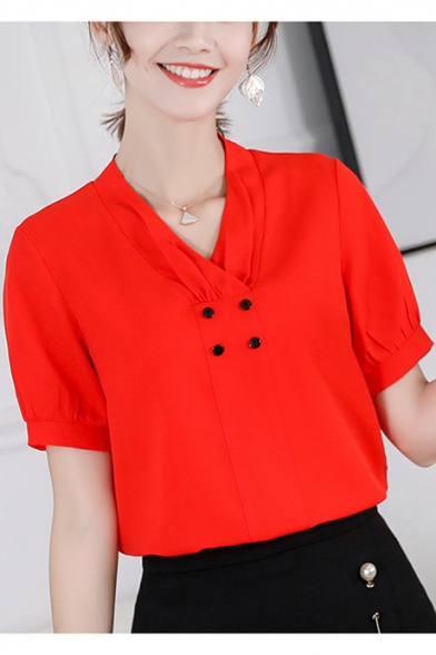 

Womens Simple Chic Button Embellished V-Neck Short Sleeve Plain Chiffon Blouse, Red;white;light blue, LM544383