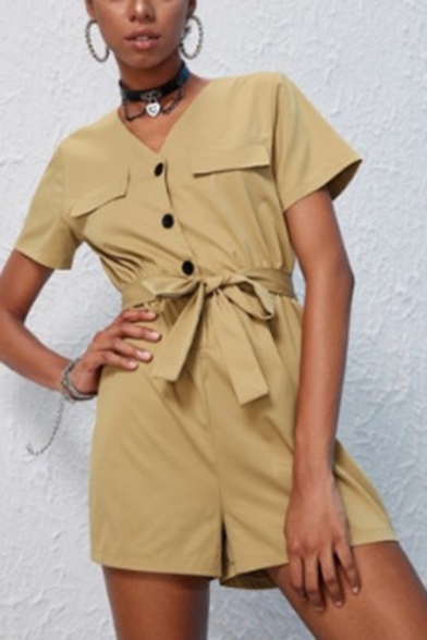 Womens Stylish Cool Khaki Button Front Tie-Waist Short Sleeve Cargo Romper