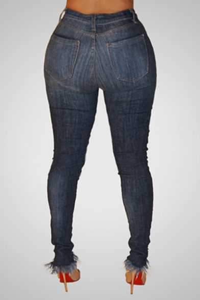 Womens Stylish Dark Blue Sexy Distressed Ripped Hole Skinny Fit Jeans