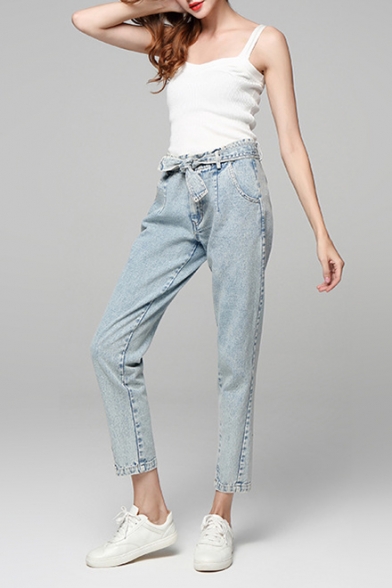 Womens Stylish Light Blue High Rise Tied Waist Tapered Casual Jeans