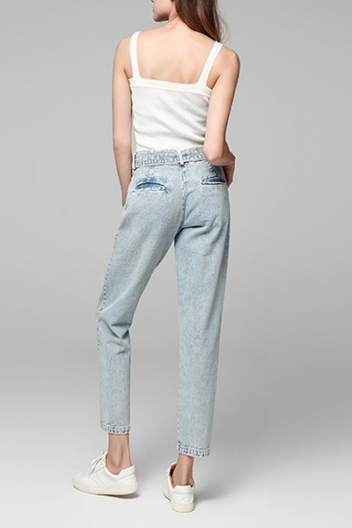 Womens Stylish Light Blue High Rise Tied Waist Tapered Casual Jeans
