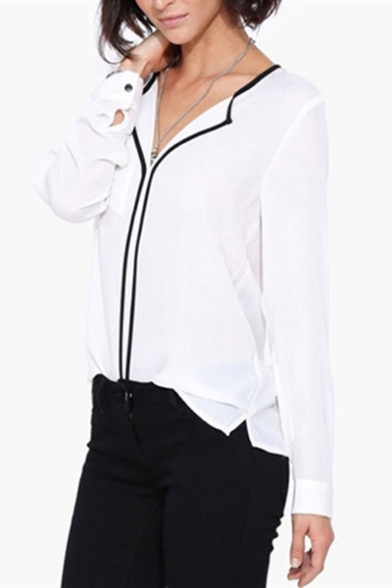 Womens Summer Elegant Contrast Trim V-Neck Long Sleeve White Chiffon Blouse Shirt
