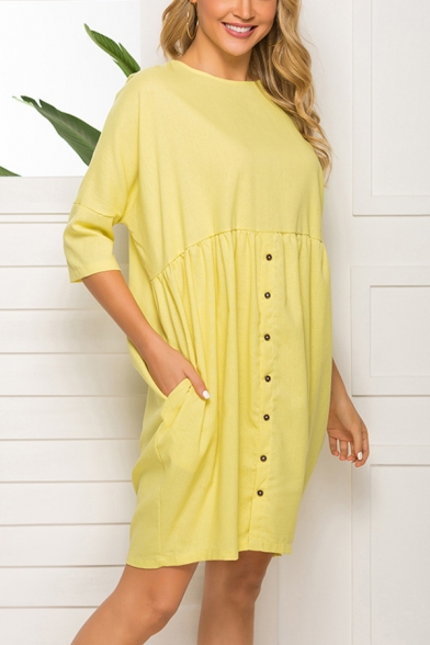 Womens Summer Holiday Simple Plain Round Neck Half Sleeve Button Front Plain Yellow Mini Lantern Dress