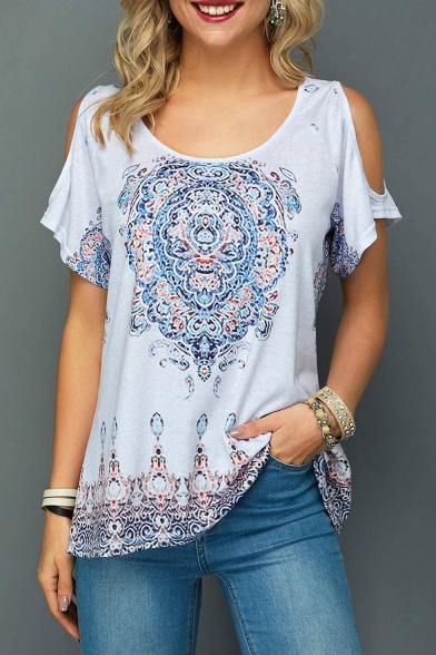 Womens Summer Holiday Tribal Printed Round Neck Cold Shoulder Short Sleeve Casual White T-Shirt