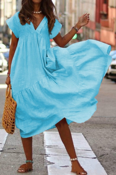 Womens Summer Plain V-Neck Short Sleeve Maxi Swing Asymmetrical Dress