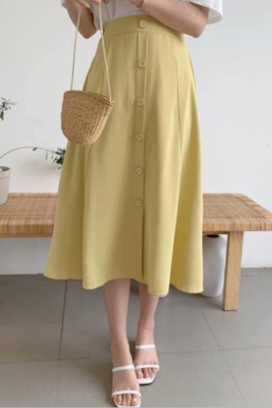 Womens Summer Retro Simple Plain High Rise Button Down Midi A-Line Skirt