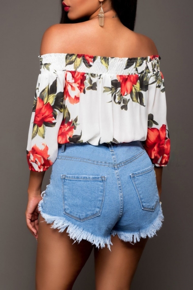 Womens Summer Trendy Distressed Ripped Frayed Hem Blue Denim Shorts