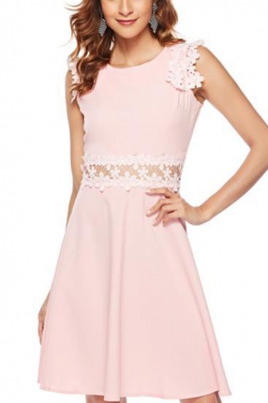 Womens Sweet Pink Chic Crochet Hem Beading Embellished Cutout Waist Round Neck Mini A-Line Dress