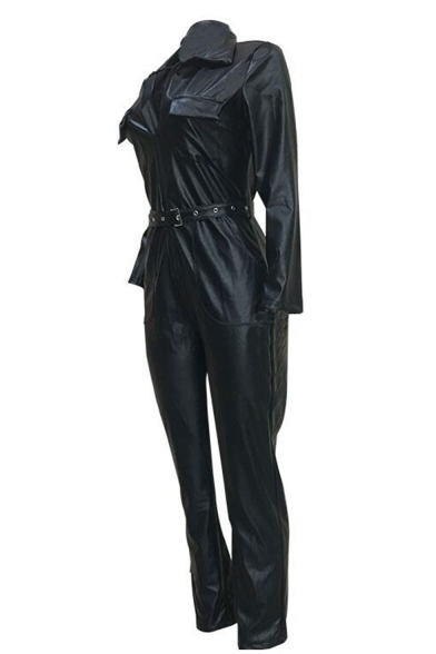 Womens Trendy Cool Unique Black Plunge V Lapel Neck Long Sleeve Belt Waist Eyelet Embellished Pu Jumpsuits