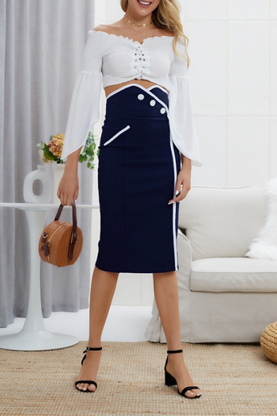 Womens Trendy Plain Blue High Rise Contrast Trim Midi Bodycon Pencil Skirt