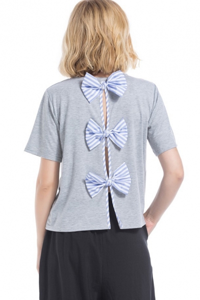 Womens Unique Fashion Bow-Tied Cutout Back Simple Round Neck Short Sleeve Plain T-Shirt