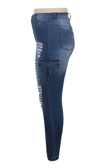 Womens Unique Flap Pocket Side Distressed Ripped Blue Skinny Fit Jeans
