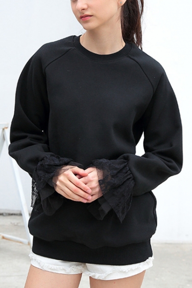 Womens Unique Stylish Lace-Panel Cuff Long Sleeve Plain Casual Loose Sweatshirt