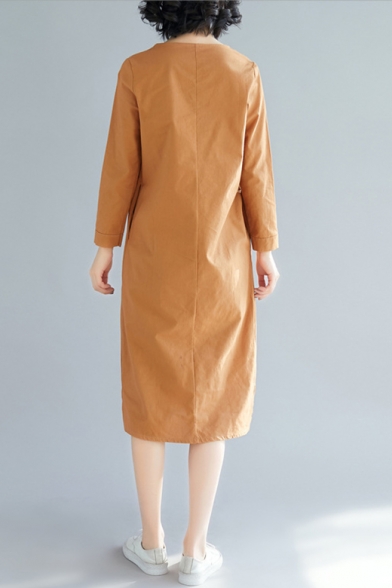 Womens Vintage Simple Solid Color Long Sleeve Midi Swing Dress