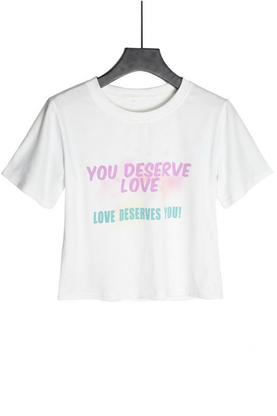 YOU DESERVE LOVE Letter Print Short Sleeve Crop White T-Shirt