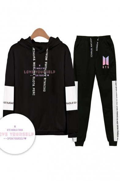Autumn Winter Sport Letters LOVE YOURSELF Print Long Sleeve Loose Hoodie with Elastic Sweatpants Two Piece Set