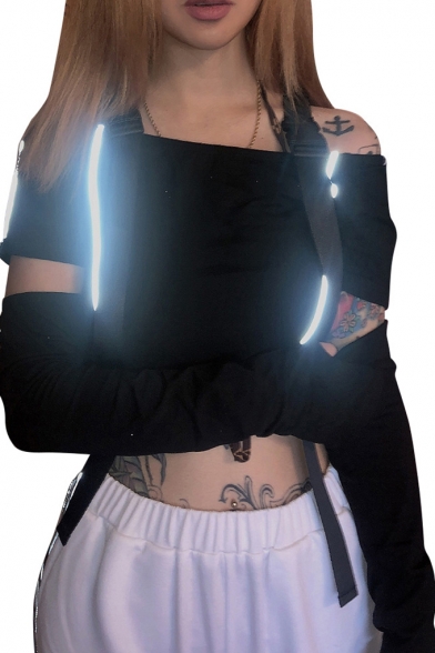 Black Cutout Gloves Long Sleeve Bag Buckle Belt Reflective Light Patch Crop T-Shirt