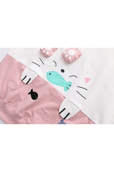 Cat Fish Embroidered Long Sleeve Color Block Cat Ear Leisure Hoodie
