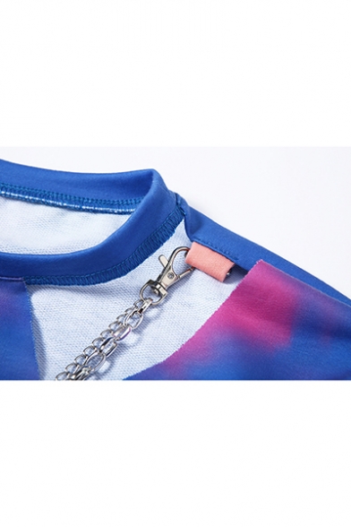 CONIA 2007 Letter Cool Eagle Printed Metal Chain Cut Out Round Neck Blue Crop Pullover Sweatshirt