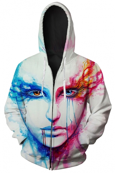Cool 3D Blood Figure Face Printed White Long Sleeve Zip Up Sport Fitted Hoodie