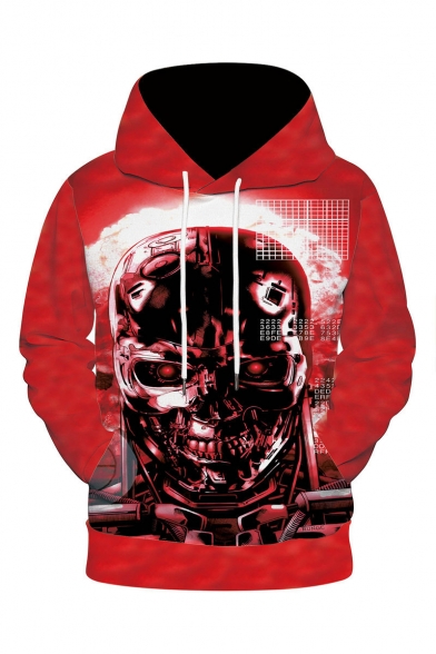 Cool Mechanical Skull 3D Printed Red Long Sleeve Loose Fit Drawstring Hoodie