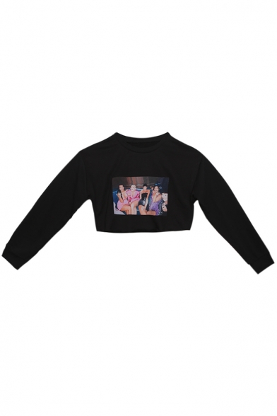 Cool Special Black Long Sleeve Round Neck Figure Printed Cropped Sweatshirt for Lady