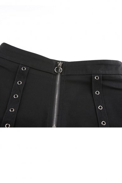 Cool Street Style Black Sexy Straps Eyelet Embellished Zip Front Suspender Shorts