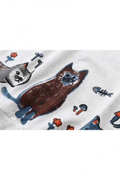 Cute Cartoon Night Owl Printed Patched Lapel Collar Cotton Loose Sweatshirt