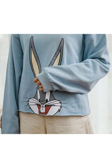 Cute Cartoon Rabbit Hi Letter Printed Long Sleeve Round Neck Leisure Pullover Sweatshirt