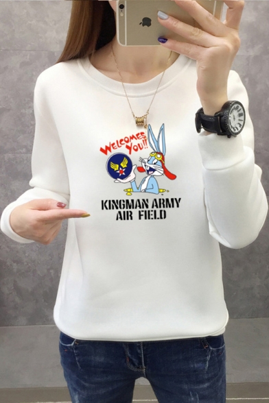 Cute Cartoon Rabbit KINGMAN ARMY AIR FIELD Letter Printed Round Neck Regular Pullover Sweatshirt
