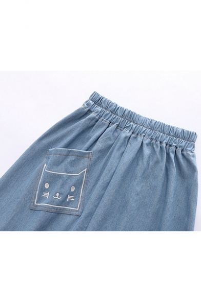 Cute Elastic Waist Embroidery Cat Footprint Denim Mid-Length A-Line Skirt with Pocket