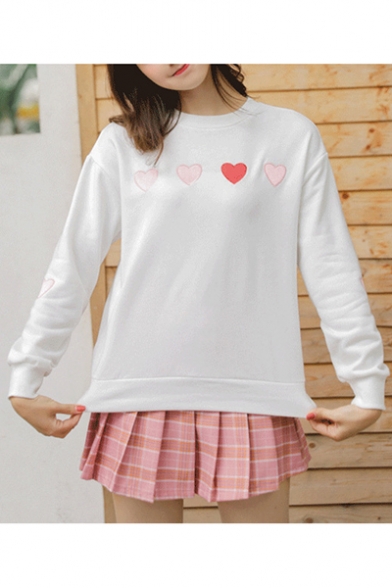 Cute Love Heart Embroidered Round Neck Long Sleeve Pullover Sweatshirt