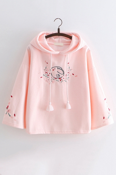 Cute Rabbit And Flower Embroidered Pocket Casual Loose Leisure Long Sleeve Cotton Hoodie