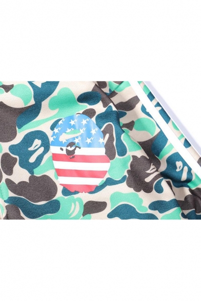 Fashion Cool Camouflage Cartoon Shark Stripe Printed Full Zip Long Sleeve Casual Hoodie