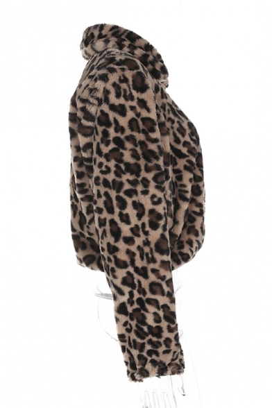 Fashionable Lapel Collar Zipper Leopard Printed Cropped Plush Coat Jacket