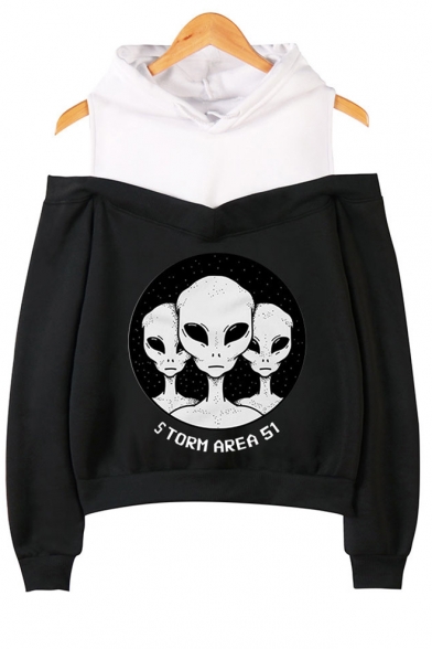 Funny Alien Letter Storm Area Printed Cold Shoulder Long Sleeve Pullover Hoodie
