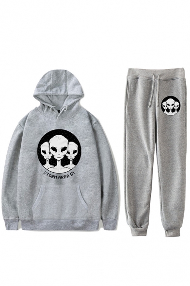 Funny Storm Area Alien Pattern Loose Fit Hoodie with Sweatpants Sport Two-Piece Set