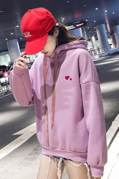 Girls Cute Love Heart Embroidered Long Sleeve Loose Pullover Hoodie