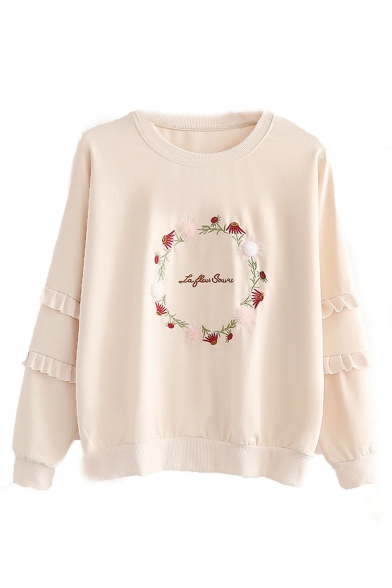 Girls Sweet Circle Letter Floral Embroidery Ruffled Hem Long Sleeve Pullover Sweatshirt