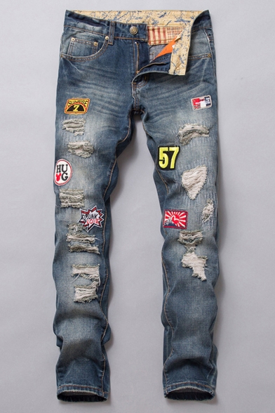 Guys New Fashion Letter Badge Patched Vintage Blue Denim Washed Trendy Frayed Ripped Jeans