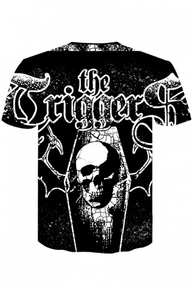 Guys Summer Funny Cool Letter Skull Print Short Sleeve Round Neck Relaxed Black T-Shirt