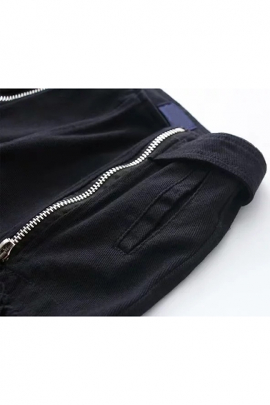 Hot Fashion Black High Waist Washed Zip Front Raw Hem Slim Fit Denim Shorts