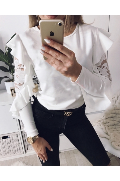 Hot Fashion Style Long Sleeve Round Neck Simple Plain Lace Patched Fitted T-Shirt