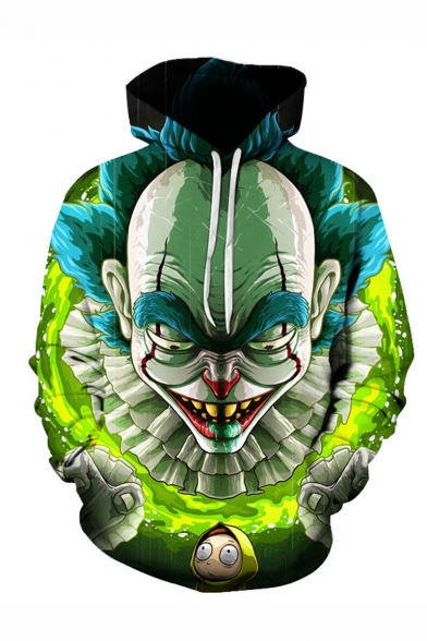 Hot Popular Clown 3D Printed Drawstring Hooded Long Sleeve Green Casual Loose Hoodie