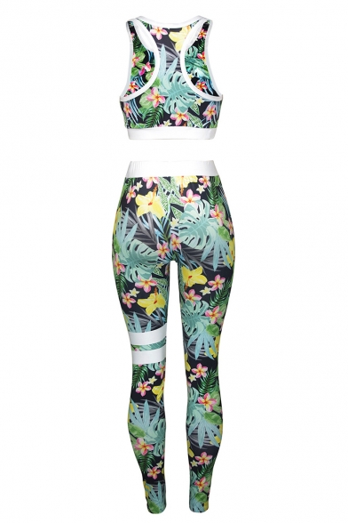 Hot Popular Floral Plant Printed Sleeveless Scoop Neck Vest Tops Mid Waist Workout Pants Two Piece Set